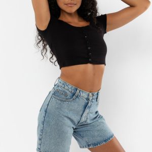 43025 - Baby Rib Short Sleeve Button Up Crop Top