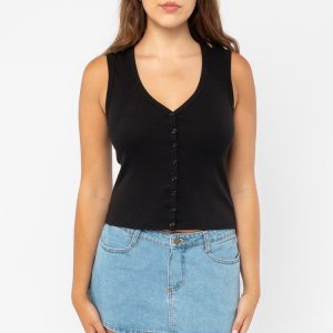 43575X - Baby Rib Sleeveless V Neck Button Up Top