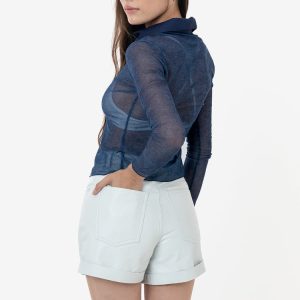 RNS745P - Printed Micro Mesh Long Sleeve Button Up