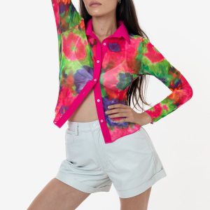 RNS745P - Printed Micro Mesh Long Sleeve Button Up